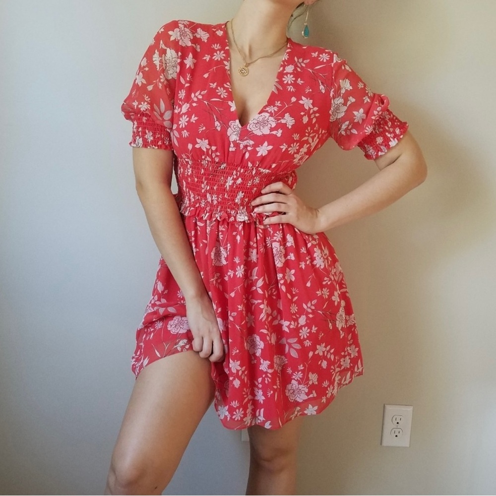 NWT Fit & Flare Floral Print Red Smocked Dress